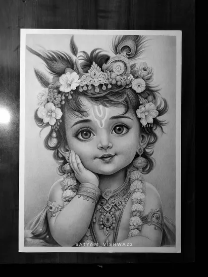 This portrait of Bal Krishna or Ladoo Gopal is all about capturing his innocent and playful nature. It's a heartwarming piece that brings a lot of joy, sketched with delicate strokes to highlight his divine charm.