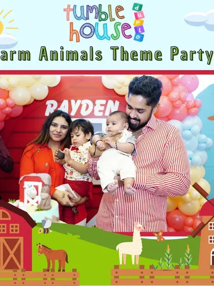 The cake cutting ceremony is always a special moment. Here, the family gathers around a beautiful farm-themed cake to celebrate their little one's second birthday.
