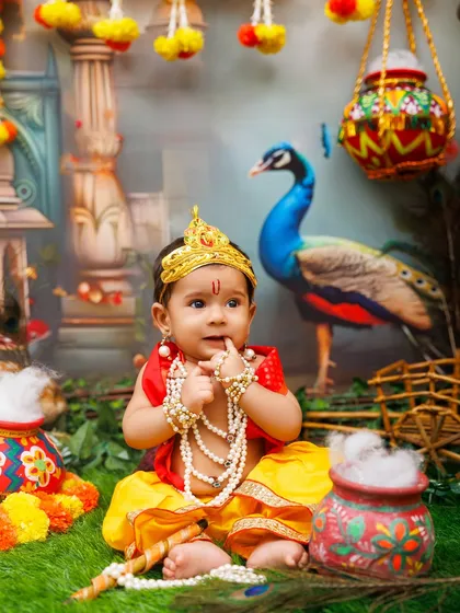 A curious little Krishna with his hand to his mouth, surrounded by the colorful Gokul-themed backdrop.