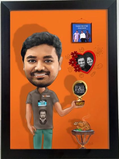 A fully customized digital caricature for an employee, featuring their 'Hall of Fame' award, love for food, and personal photos.