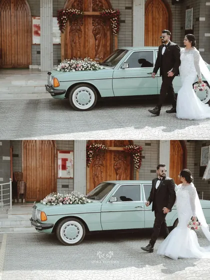 A diptych of the couple walking hand-in-hand by their vintage wedding car, a picture of classic romance.