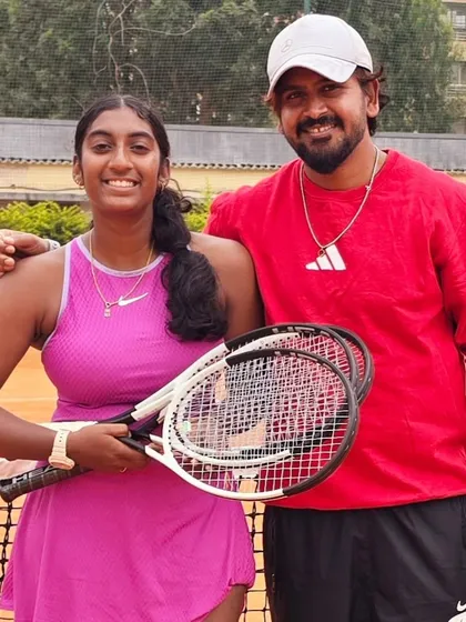 Our founder, Suraj Bikkannavar, with our player Sreenidhi Balaji. We are proud that both were selected to represent the Karnataka State Team at the National Games, as coach and player respectively, highlighting our leadership in Indian tennis.