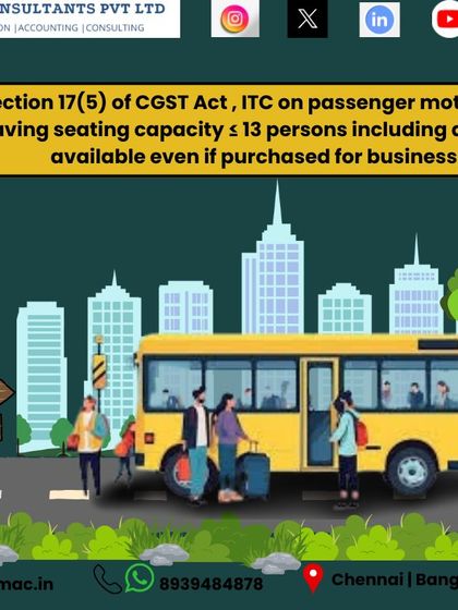 According to Section 17(5) of the CGST Act, Input Tax Credit is not available for passenger motor vehicles with a seating capacity of 13 persons or less. This rule applies even if the vehicle is purchased for business use, a detail I always clarify for my clients.