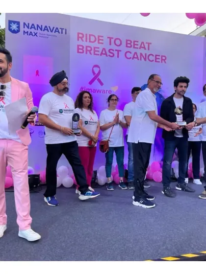 On stage during the felicitation ceremony with Kartik Aaryan at the Nanavati Max event.