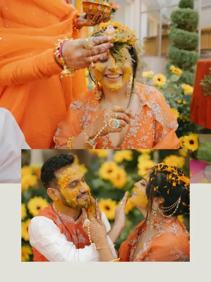 A collage of tender and playful moments, from applying turmeric to being showered with blessings.