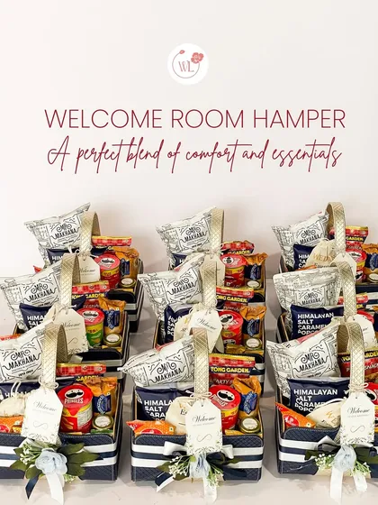 For a destination wedding, a warm welcome is everything. These custom room hampers, filled with snacks and essentials, are the perfect way to greet your guests and make them feel like family from the moment they arrive.