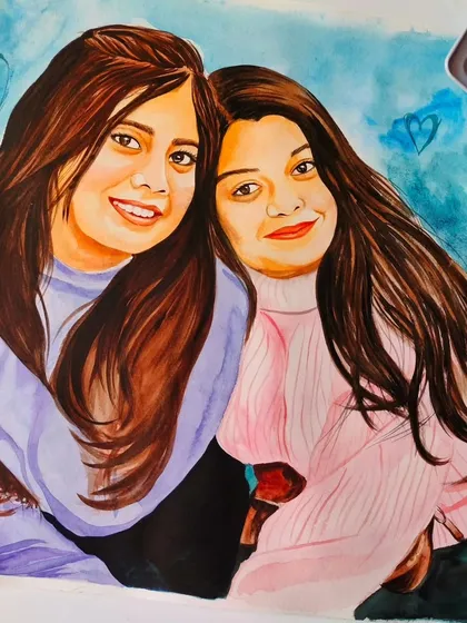 A heartwarming watercolor portrait of two sisters. The soft blue background and floating hearts add to the loving feel of the painting.