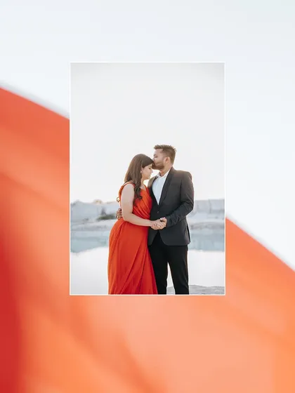 An artistically framed portrait from a quarry shoot, using a red color block to add a modern and graphic element to the image.