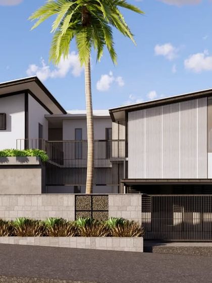 The second entrance of the 'Kodial Cove' residence showcases its symmetrical sloped roofs. The facade uses fluted feature walls and gabion cladding, adding a raw, textural quality that grounds the modern design in its natural context.