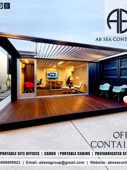 A sleek, modern office container with a wooden deck and floor-to-ceiling glass. This design is perfect for a sales gallery, client meeting space, or a high-end site office.