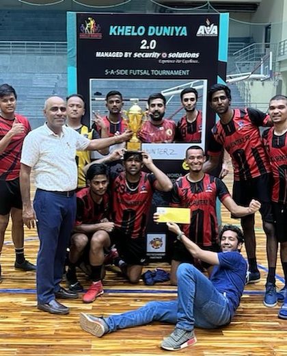 The winning team of the Kheloduniya Futsal Cup 2.0 celebrates with their trophy. We are the venue of choice for competitive tournaments with significant prize money.