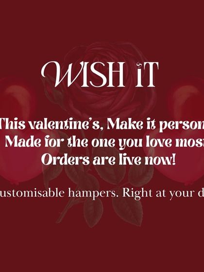 An announcement graphic for our Valentine's collection, emphasizing that every hamper is fully customizable and delivered right to your doorstep.
