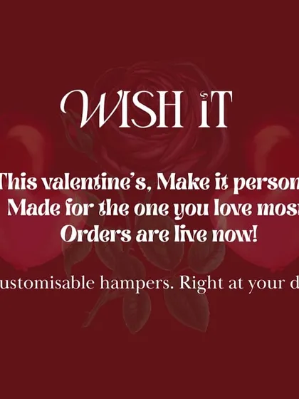 An announcement graphic for our Valentine's collection, emphasizing that every hamper is fully customizable and delivered right to your doorstep.