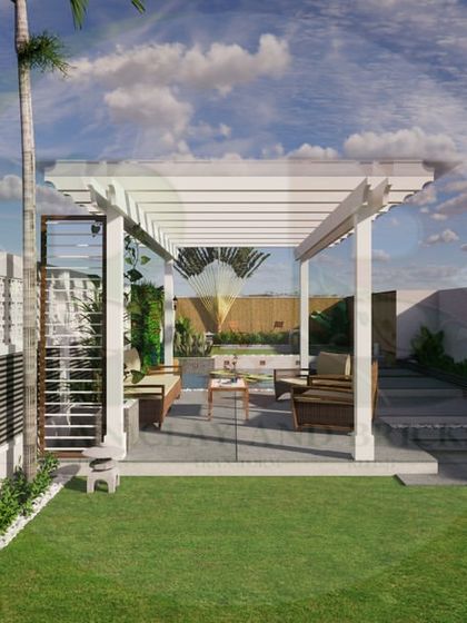 This 3D visualization shows a modern backyard with a pristine lawn and a sleek white pergola. The design incorporates clean lines and a minimalist aesthetic for a contemporary and spacious feel.