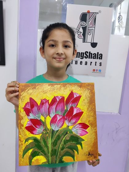 A lovely floral painting of tulips created by a young student, showcasing her control of the brush and understanding of color.