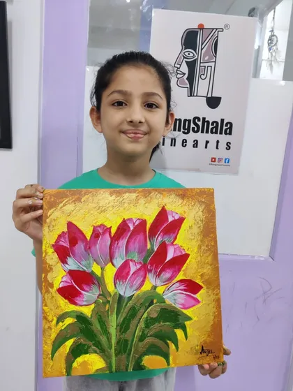 A lovely floral painting of tulips created by a young student, showcasing her control of the brush and understanding of color.