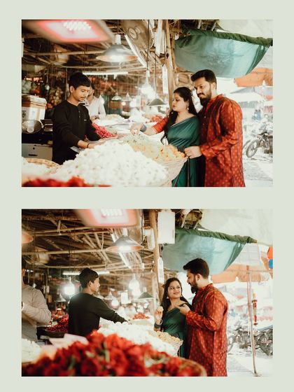 This two-photo layout shows a sequence of the couple choosing flowers, telling a small story within the larger pre-wedding narrative.