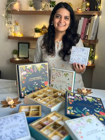 For Diwali, I created a range of dessert boxes with unique desserts interpreting emotions like joy, devotion, and gratitude. These are available in 4, 9, and 16 piece boxes.