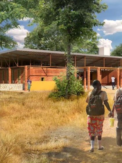 This rendering shows people approaching the proposed community center, which is designed to be a welcoming and accessible hub for the Mayukwayukwa refugee camp.