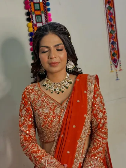 The final look. A flawless, long-lasting makeup application ensures she looks perfect throughout her engagement celebration.