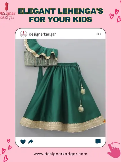 A classic green and gold kids' lehenga. The one-shoulder top with ruffles adds a modern touch to this traditional outfit.