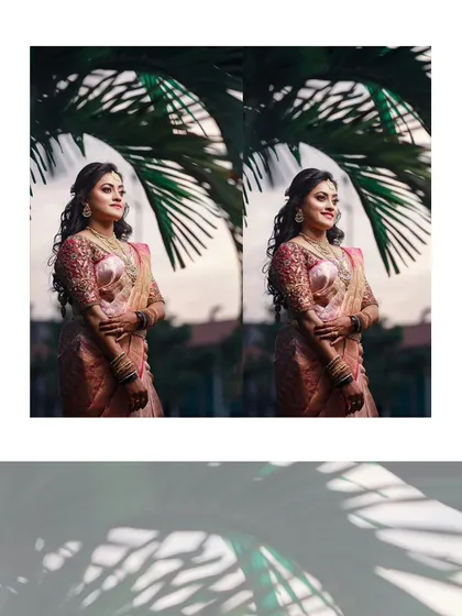 A duplicate of image 229, showing elegant bridal portraits against a palm leaf background.