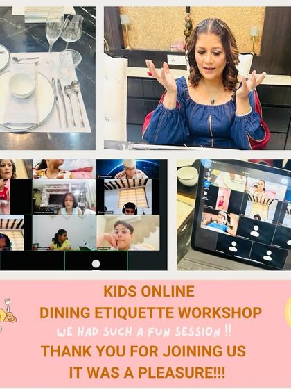 A collage from our fun and successful kids' online dining etiquette workshop. You can see the children engaged and learning through the interactive Zoom session.