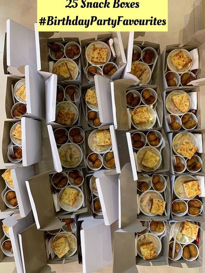 An order of 25 snack boxes ready to go for a birthday party. I take pride in preparing large orders with the same care and attention as a single meal.