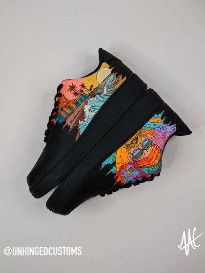 A creative shot showing both designs of the "2 States" custom sneakers. A perfect representation of the couple's story.