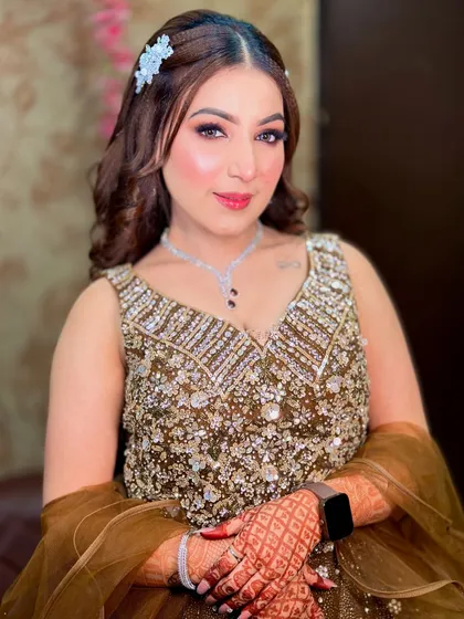 A close-up of the engagement makeup. The eyes are softly defined with a hint of shimmer.