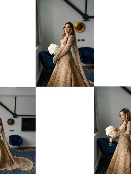 A collage of portraits of the bride in her custom golden lehenga, holding a bouquet of white roses, looking timeless and elegant.