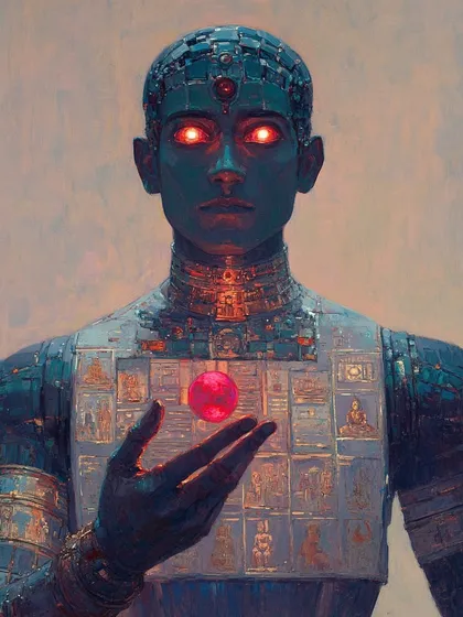 A blue-skinned android with glowing red eyes holds a red orb. This image represents my own feeling of being reborn as an artist through my work with AI.
