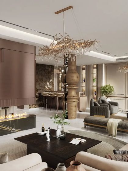 A luxurious living area centered around a modern fireplace. This render showcases a rich material palette and a complex layout, including a bar and multiple seating zones, all unified into a cohesive, high-end design.