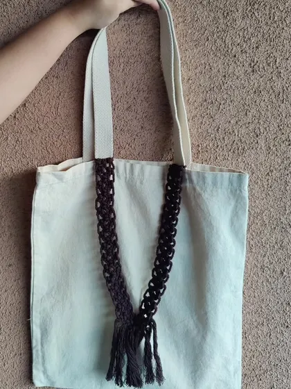 Another view of the macrame-detailed tote bag, showing its simple yet elegant design. The macrame belt color can be customized to your preference.