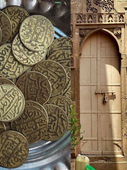 A collage of antique finds, including old coins with Arabic script and a beautifully carved wooden door.