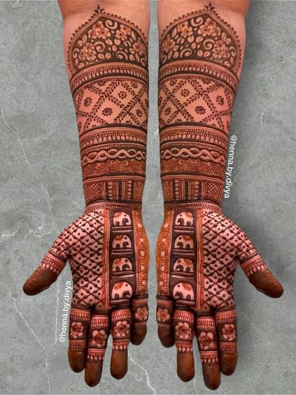 A classic full-coverage design featuring rows of elephants and intricate geometric jaal patterns. The symmetrical layout creates a balanced and traditionally beautiful bridal look.