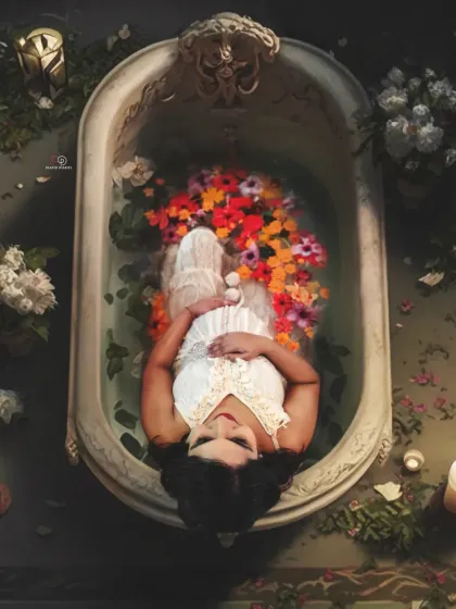 A serene and luxurious milk bath maternity session. Adorned with fresh flowers, this is a unique and artistic way to capture the tranquility and beauty of your pregnancy in a comfortable studio setting.