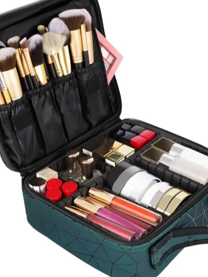 For travel or professional use, I offer this portable makeup case with adjustable compartments to fit all your products perfectly.