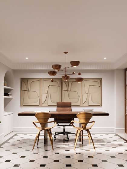 This home office combines functionality with artistic expression. The classic black and white patterned floor, warm wood furniture, and a modern chandelier create an inspiring backdrop for creativity and focus.