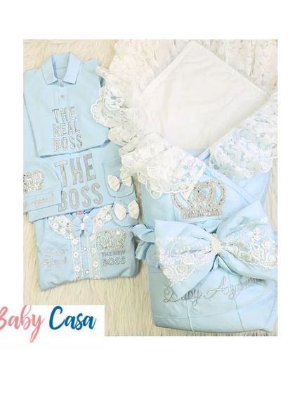 A complete family set for the 'Boss' family. This collection includes personalized shirts for dad and brother, and a coordinated newborn set for the newest arrival.
