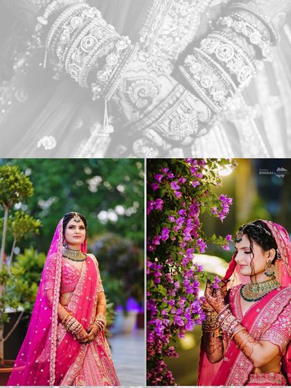 A collage highlighting the bride's stunning details. It includes a black and white shot of her bangles and beautiful portraits showcasing her jewelry and smile.