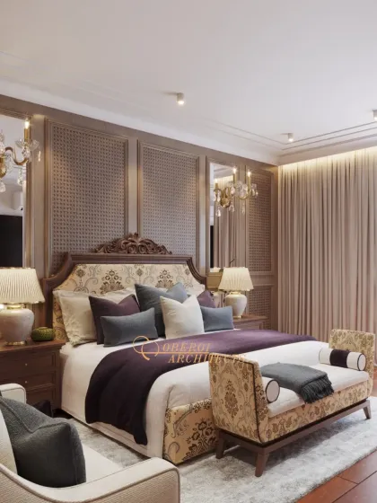 A classic and opulent bedroom design featuring an intricately carved headboard, damask-patterned furniture, and crystal wall sconces.
