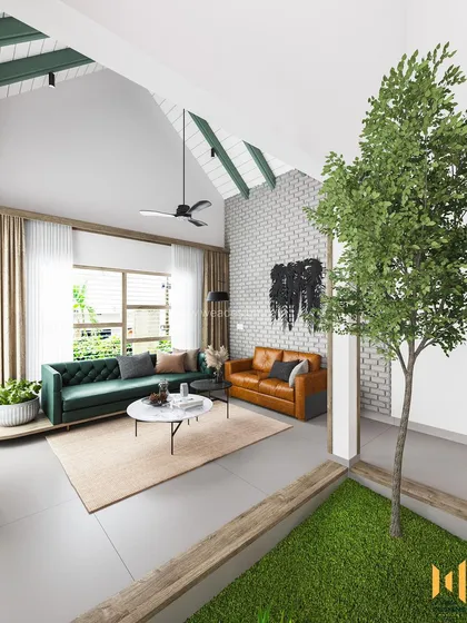 We love pushing creative boundaries. This modern duplex in Calicut features a stunning indoor courtyard with a high ceiling and a swing, creating a unique focal point that connects different living areas. The design blends a Scandinavian color palette with natural materials like brick and laterite stone for a home that is both modern and grounded.