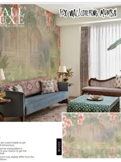 A 'Wall Luxe' collection design with a romantic, painterly feel. The soft pink flowers and hazy background create a dreamy atmosphere.
