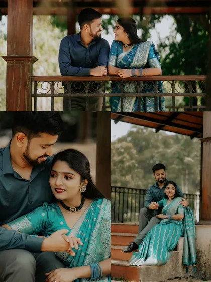 A collage of a couple in beautiful green and blue traditional outfits. It captures them in various romantic poses in a serene, natural setting.