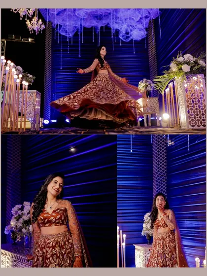 A collage dedicated to the bride, Neha, at her Sangeet. It captures her twirling in her beautiful lehenga and her joyful expressions, showcasing her as the star of the night.