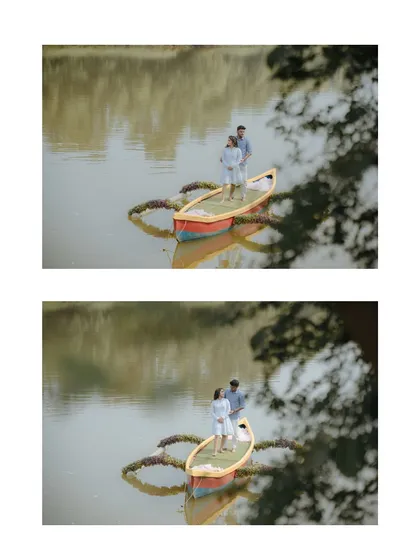 A romantic boat ride for two. This creative shot, seen through the leaves, captures a private, intimate moment during their proposal day.