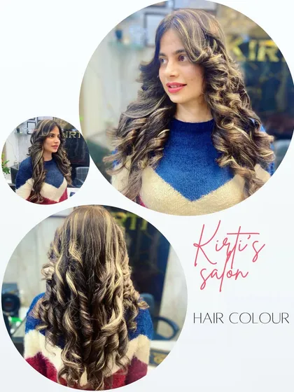A collage of a client with long, curly hair and beautiful highlights. The different angles show off the volume and dimension of the style.