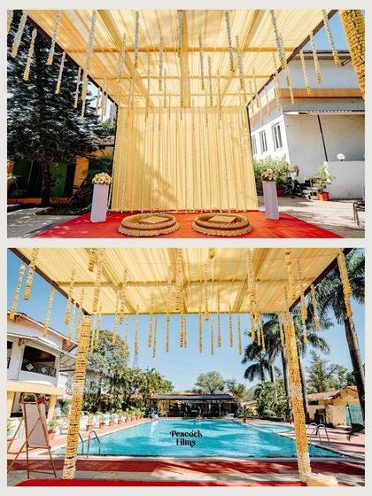A diptych showing the beautiful poolside Haldi decor, with traditional seating under a canopy of yellow drapes and marigolds.
