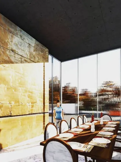 A design development render for a residence, exploring the idea of a solid, textured 'box' containing private functions within a larger, transparent living space with floor-to-ceiling glass.